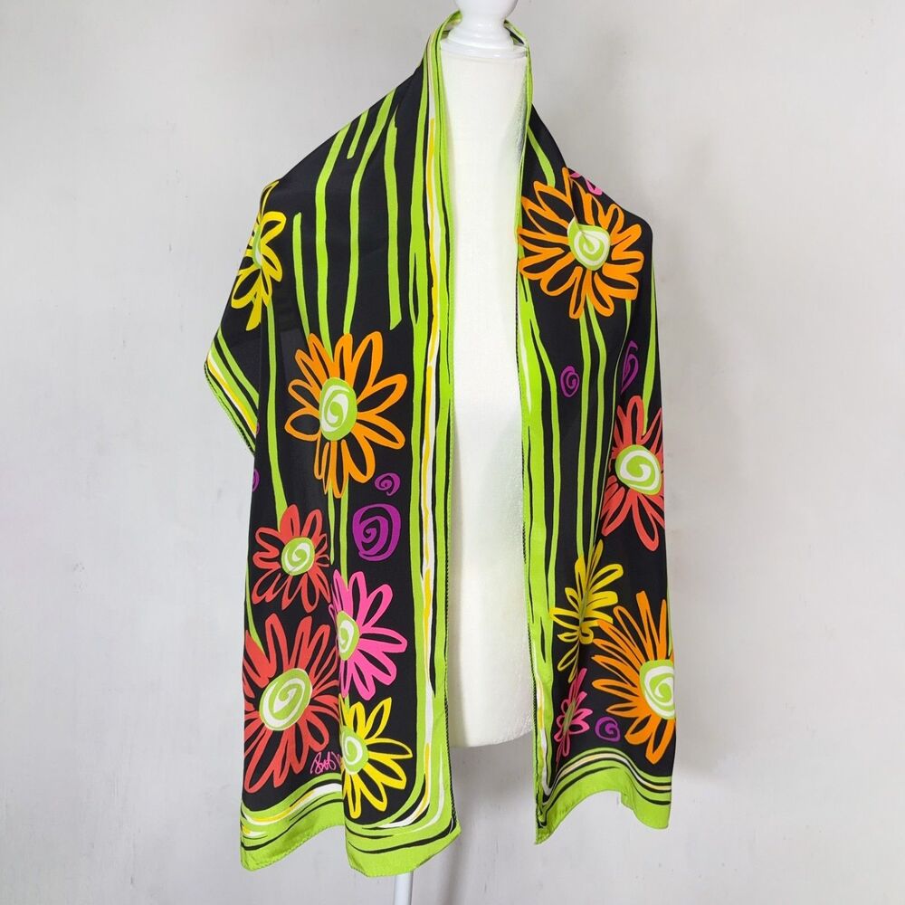 VTG Bob Mackie Art Long Scarf 100% Silk Flower Power Boho Hippie Neon Dopamine